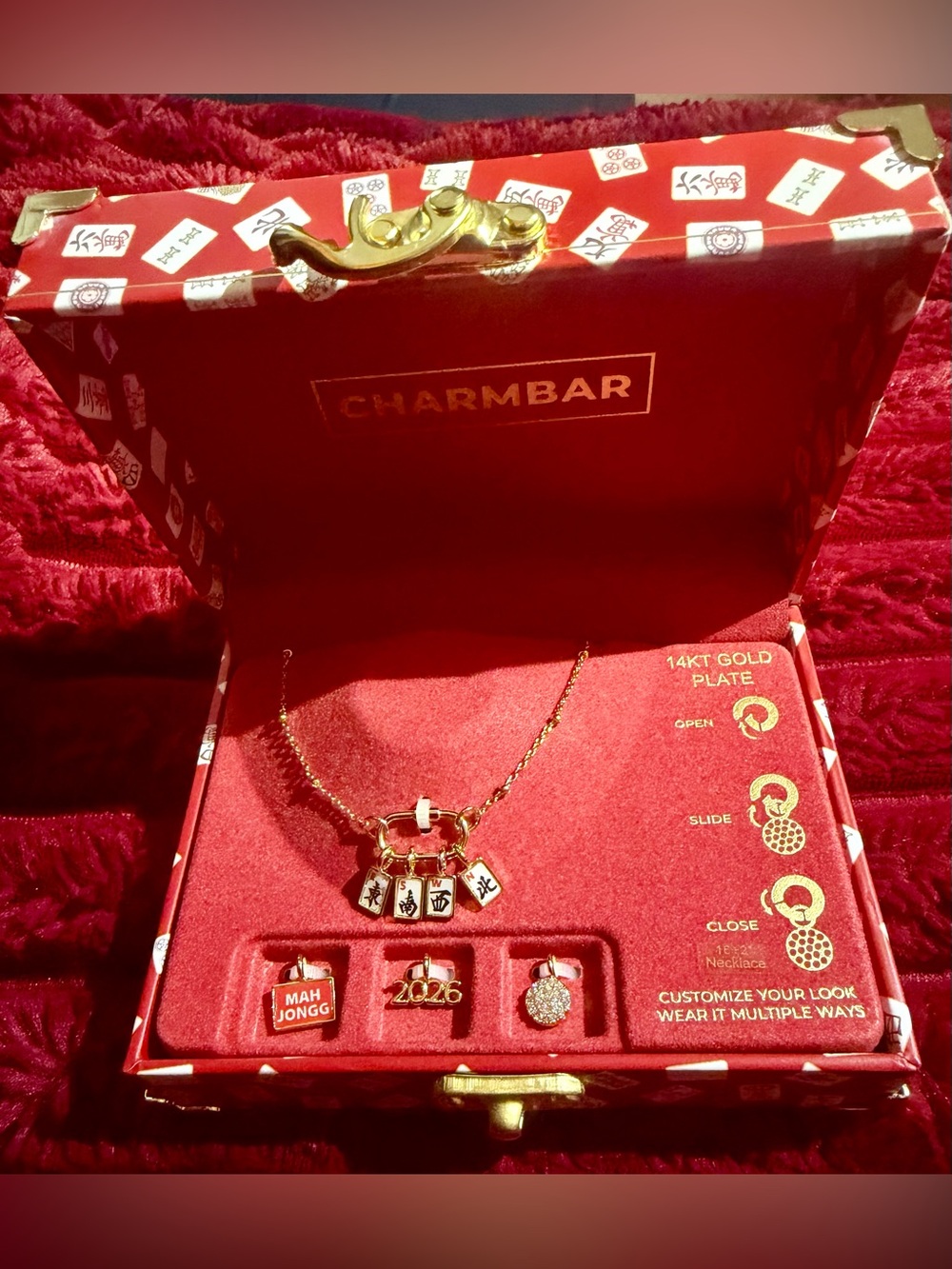 14K Gold-Plate Mahjong Tile Charm Necklace with Red Accents